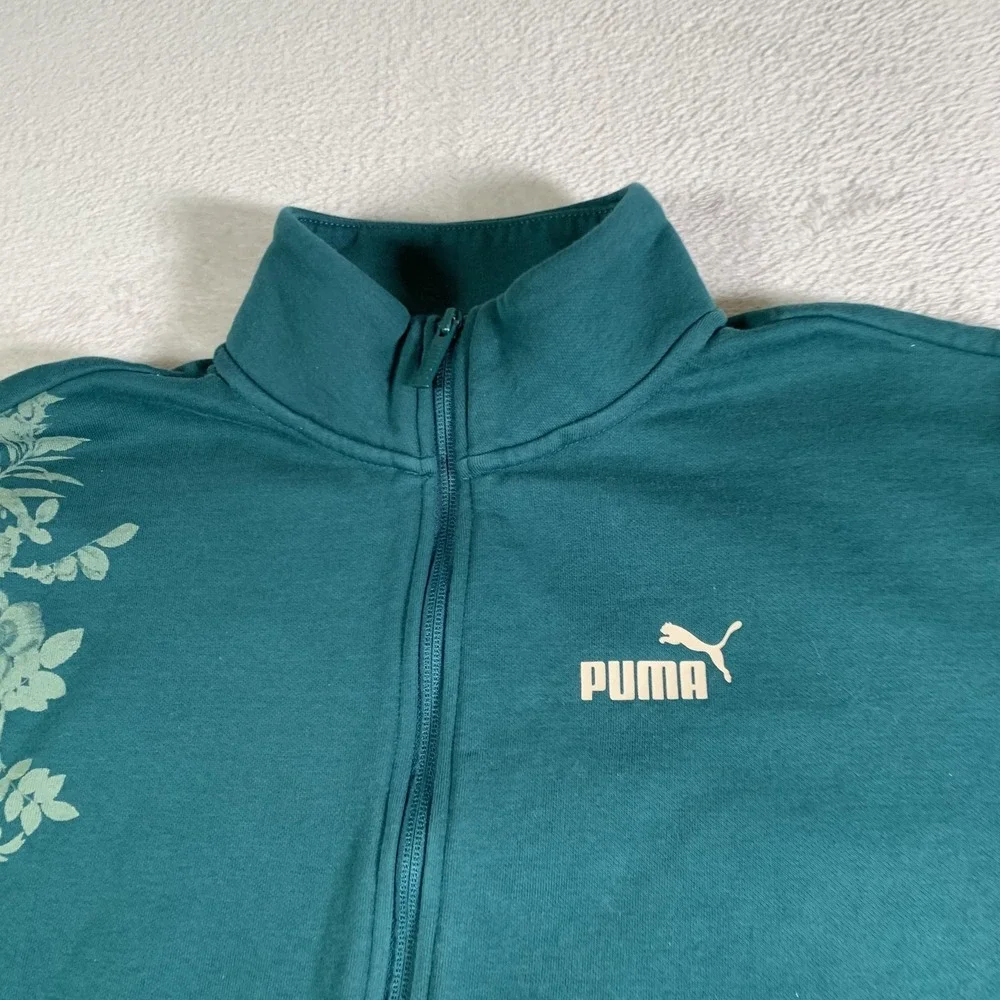 Puma Track Jacket Womens Small Teal Floral Full‎ Zip Sweatshirt Cotton Blend - Picture 2 of 15